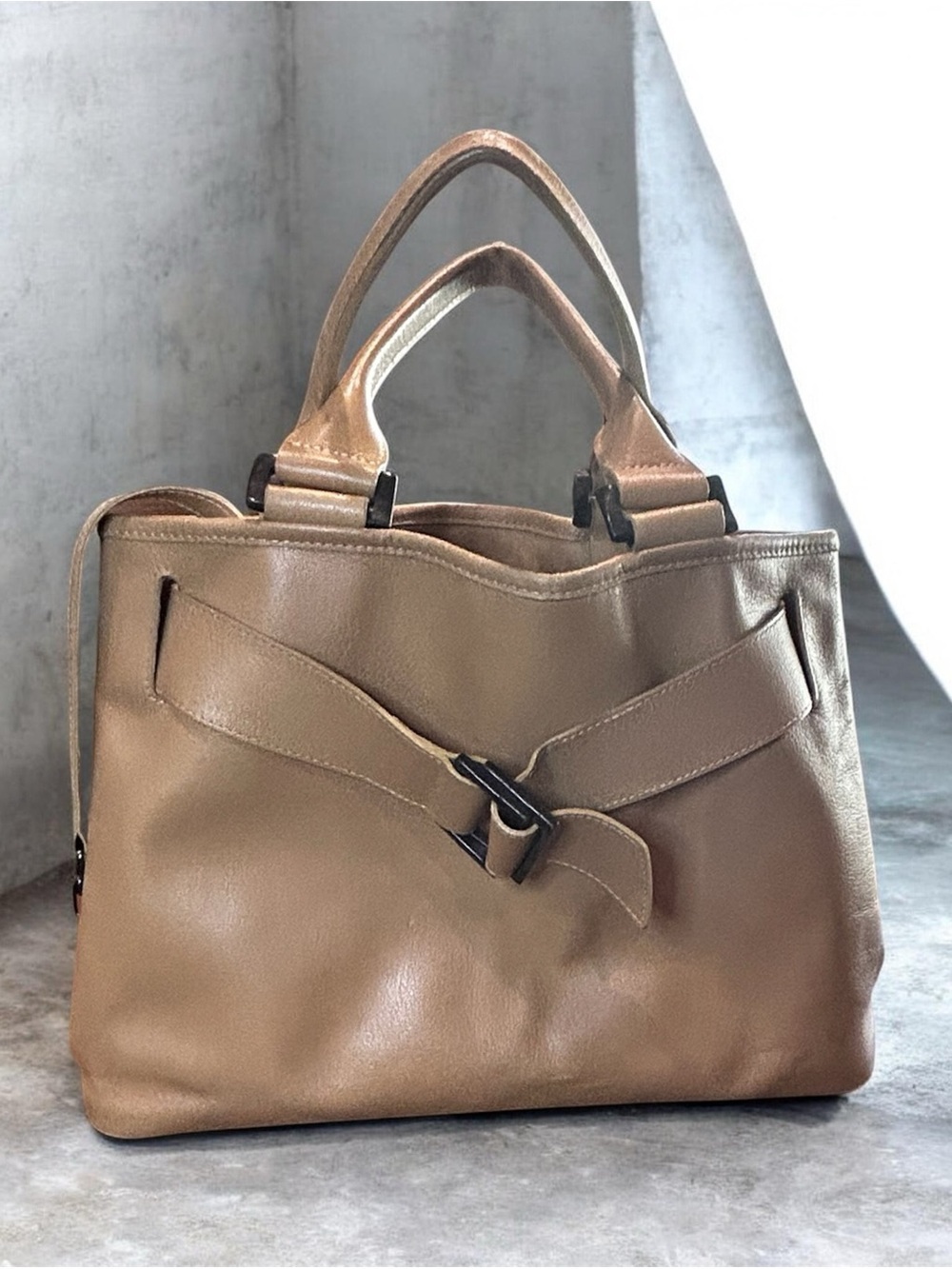 LONGCHAMP Belt Leather Hand Tote Bag Women Yellow /tan Genuine - Picture 9 of 16